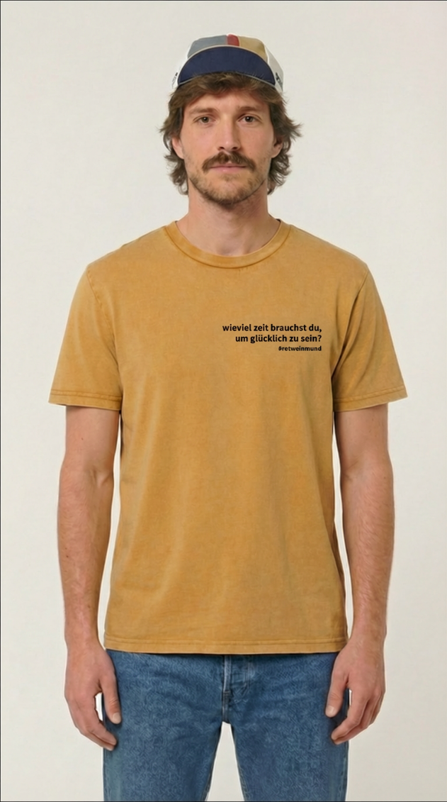 Rotweinmund T-Shirt mit Filmzitat "wieviel zeit brauchst du um glücklich zu sein?" Vorderansicht