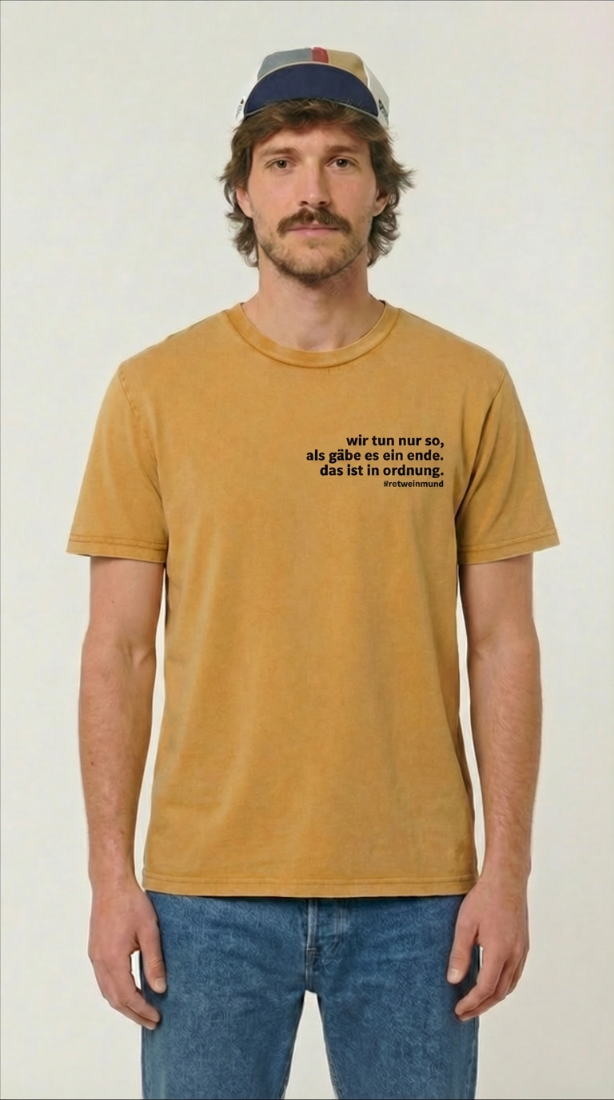 Rotweinmund T-Shirt mit Filmzitat "wir tun so, als gäbe es ein ende. das ist in ordnung." Vorderansicht
