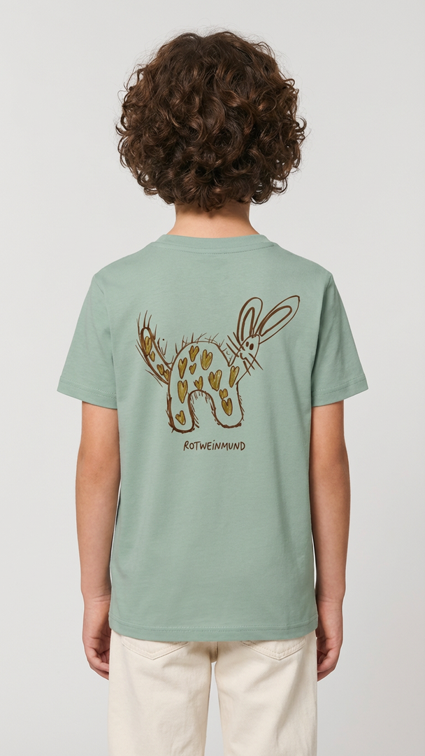 Rotweinmund Kinder Tshirt, Rückseite mit süßem Hasenmotiv Kinderzeichnung von Anton