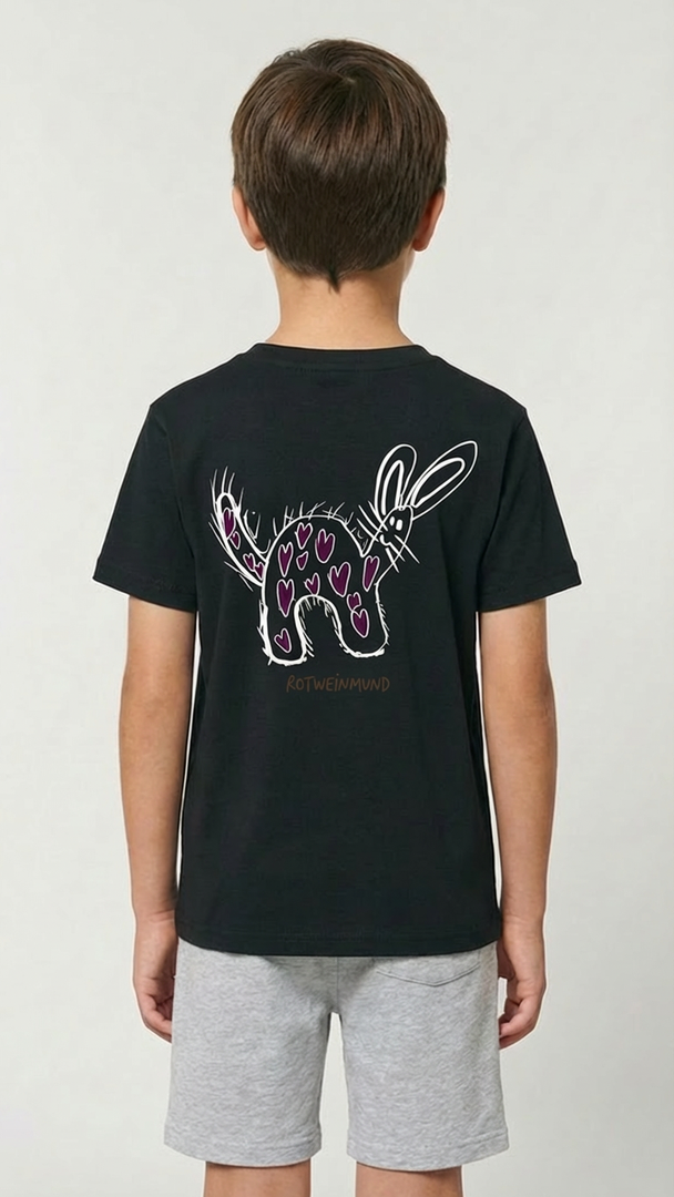 Rotweinmund Kinder Tshirt, Rückseite mit süßem Hasenmotiv Kinderzeichnung von Anton