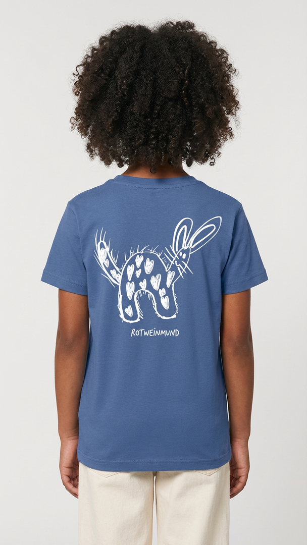 Rotweinmund Kinder Tshirt, Rückseite mit süßem Hasenmotiv Kinderzeichnung von Anton