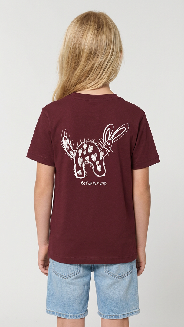 Rotweinmund Kinder Tshirt, Rückseite mit süßem Hasenmotiv Kinderzeichnung von Anton