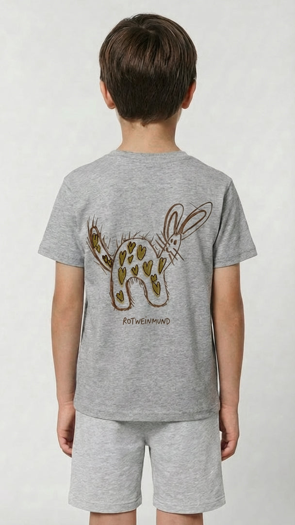 Rotweinmund Kinder Tshirt, Rückseite mit süßem Hasenmotiv Kinderzeichnung von Anton