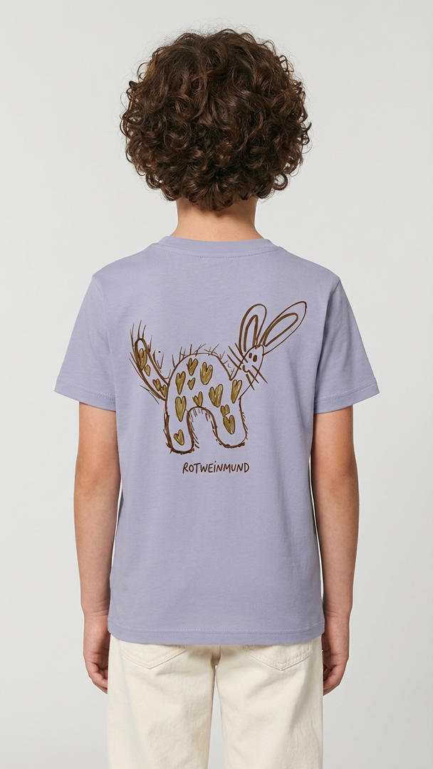Rotweinmund Kinder Tshirt, Rückseite mit süßem Hasenmotiv Kinderzeichnung von Anton