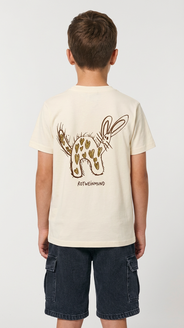 Rotweinmund Kinder Tshirt, Rückseite mit süßem Hasenmotiv Kinderzeichnung von Anton