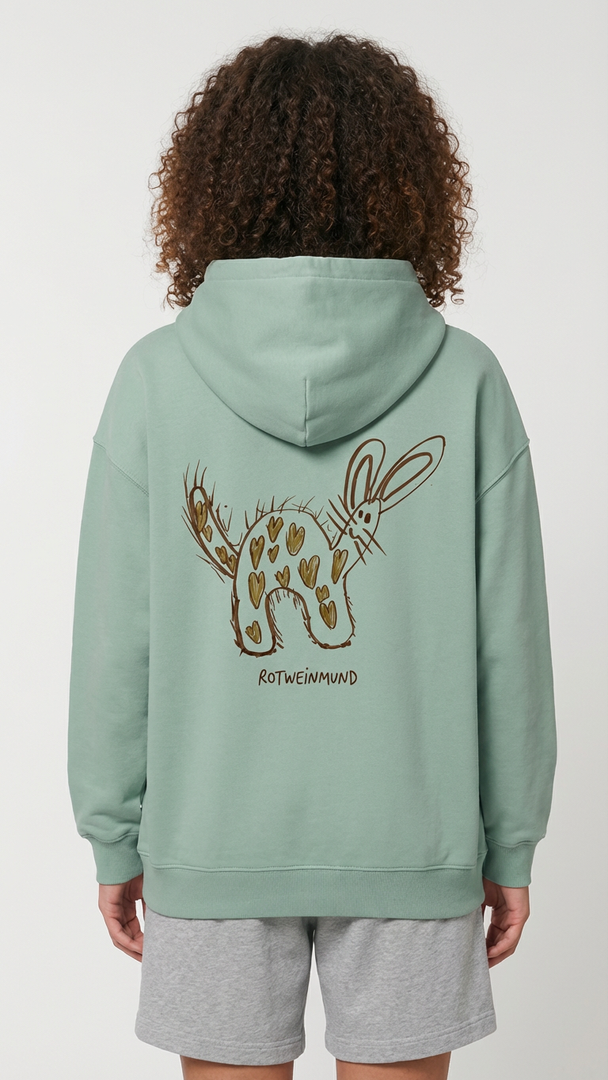 Cooper Dry Unisex Hoodie mitsüßem Hasen hinten. Detail-Kapuze: „Doppellagige Kapuze mit Single Jersey Nackenband"  Detail-Tasche: „Kängurutasche des Cooper Dry Hoodies aus Bio-Baumwolle | Rotweinmund