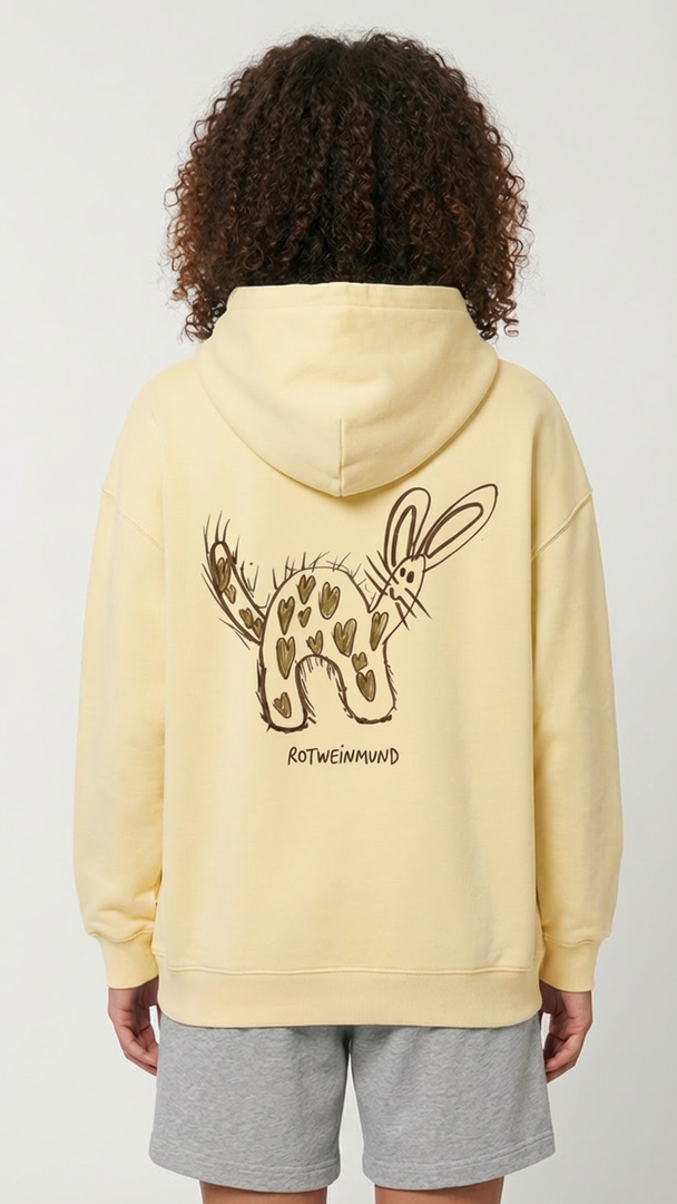 Cooper Dry Unisex Hoodie mitsüßem Hasen hinten. Detail-Kapuze: „Doppellagige Kapuze mit Single Jersey Nackenband"  Detail-Tasche: „Kängurutasche des Cooper Dry Hoodies aus Bio-Baumwolle | Rotweinmund