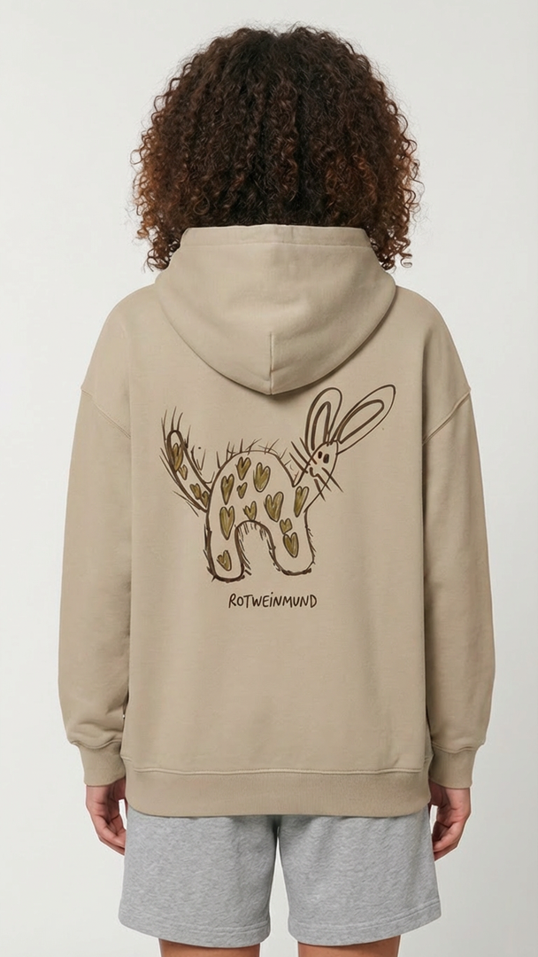 Cooper Dry Unisex Hoodie mitsüßem Hasen hinten. Detail-Kapuze: „Doppellagige Kapuze mit Single Jersey Nackenband"  Detail-Tasche: „Kängurutasche des Cooper Dry Hoodies aus Bio-Baumwolle | Rotweinmund