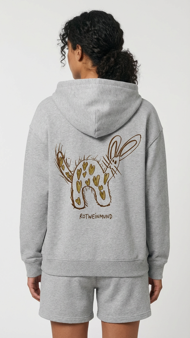 Cooper Dry Unisex Hoodie mitsüßem Hasen hinten. Detail-Kapuze: „Doppellagige Kapuze mit Single Jersey Nackenband"  Detail-Tasche: „Kängurutasche des Cooper Dry Hoodies aus Bio-Baumwolle | Rotweinmund