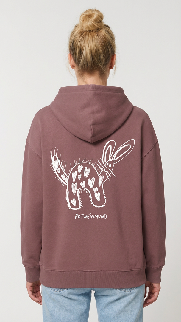 Cooper Dry Unisex Hoodie mitsüßem Hasen hinten. Detail-Kapuze: „Doppellagige Kapuze mit Single Jersey Nackenband"  Detail-Tasche: „Kängurutasche des Cooper Dry Hoodies aus Bio-Baumwolle | Rotweinmund