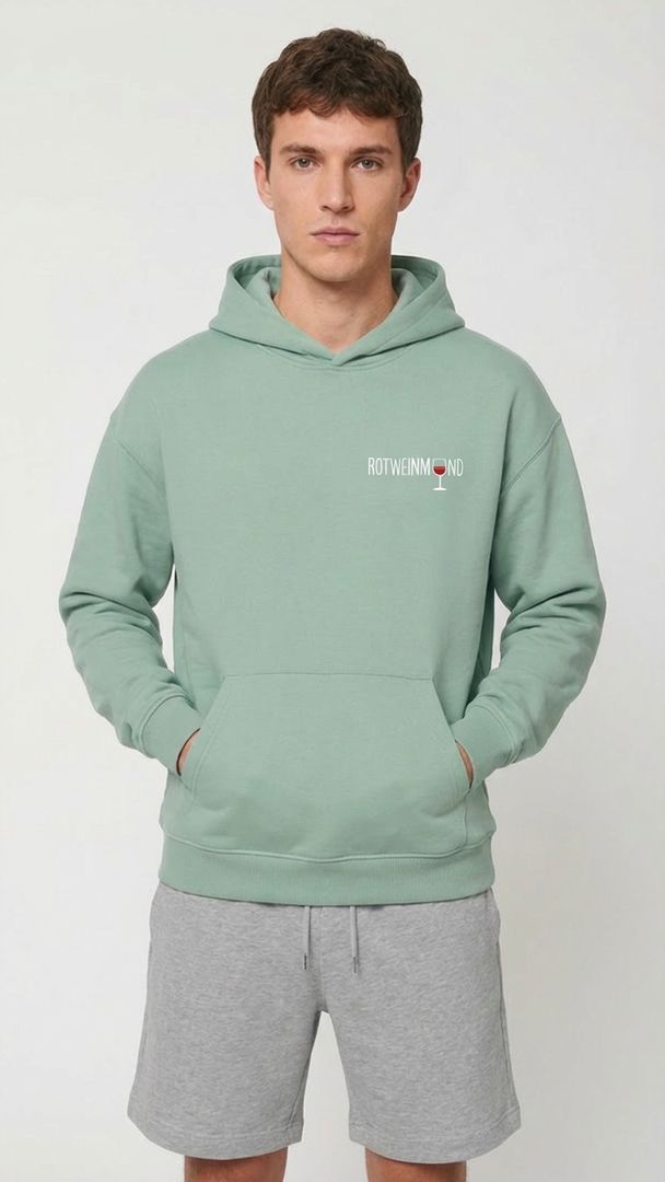 Cooper Dry Unisex Hoodie mit kleinem Schriftzug vorne. Detail-Kapuze: „Doppellagige Kapuze mit Single Jersey Nackenband"  Detail-Tasche: „Kängurutasche des Cooper Dry Hoodies aus Bio-Baumwolle | Rotweinmund