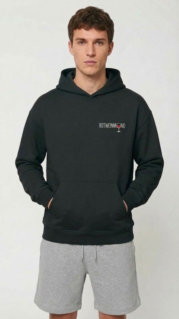 Cooper Dry Unisex Hoodie mit kleinem Schriftzug vorne. Detail-Kapuze: „Doppellagige Kapuze mit Single Jersey Nackenband"  Detail-Tasche: „Kängurutasche des Cooper Dry Hoodies aus Bio-Baumwolle | Rotweinmund