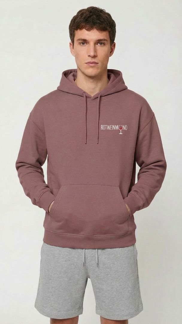 Cooper Dry Unisex Hoodie mit kleinem Schriftzug vorne. Detail-Kapuze: „Doppellagige Kapuze mit Single Jersey Nackenband"  Detail-Tasche: „Kängurutasche des Cooper Dry Hoodies aus Bio-Baumwolle | Rotweinmund