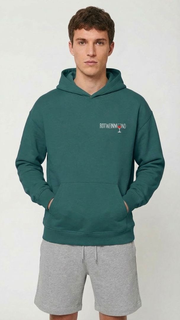 Cooper Dry Unisex Hoodie mit kleinem Schriftzug vorne. Detail-Kapuze: „Doppellagige Kapuze mit Single Jersey Nackenband"  Detail-Tasche: „Kängurutasche des Cooper Dry Hoodies aus Bio-Baumwolle | Rotweinmund