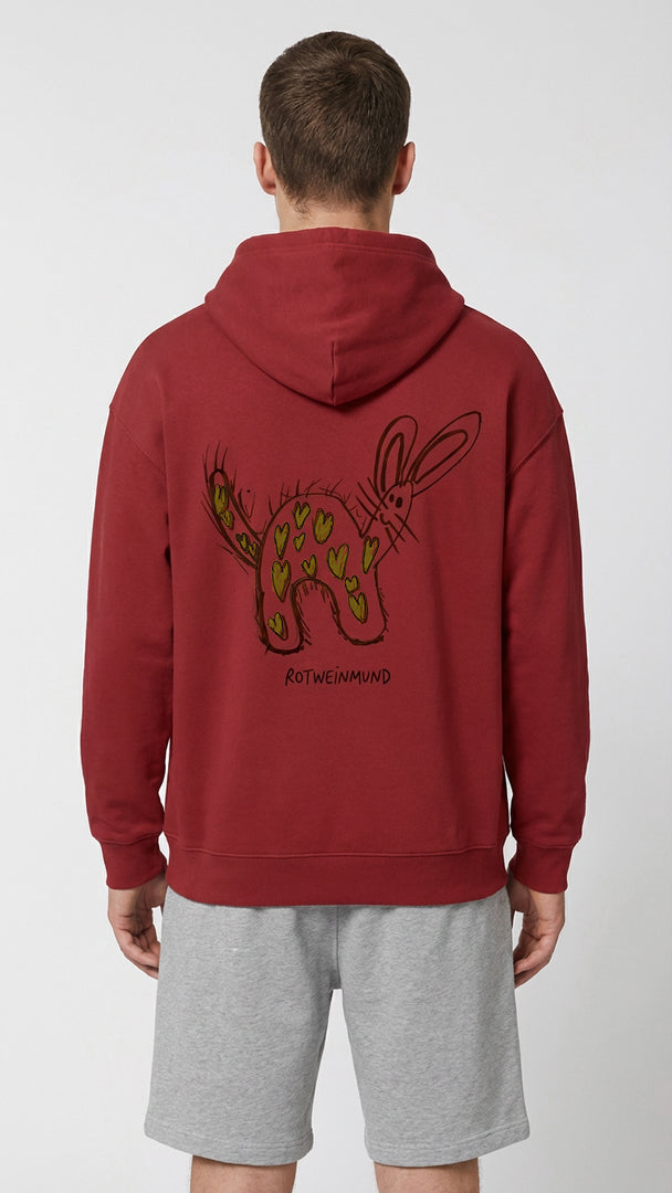 Cooper Dry Unisex Hoodie mitsüßem Hasen hinten. Detail-Kapuze: „Doppellagige Kapuze mit Single Jersey Nackenband"  Detail-Tasche: „Kängurutasche des Cooper Dry Hoodies aus Bio-Baumwolle | Rotweinmund