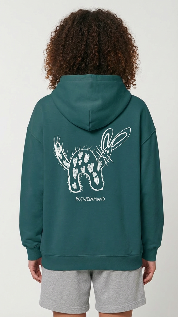 Cooper Dry Unisex Hoodie mitsüßem Hasen hinten. Detail-Kapuze: „Doppellagige Kapuze mit Single Jersey Nackenband"  Detail-Tasche: „Kängurutasche des Cooper Dry Hoodies aus Bio-Baumwolle | Rotweinmund