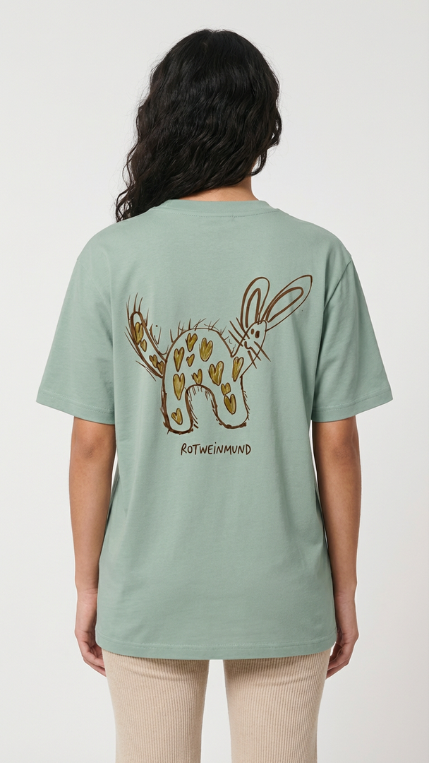 Rotweinmund T-Shirt Rückseite mit süßem Hasenmotiv Kinderzeichnung von Anton