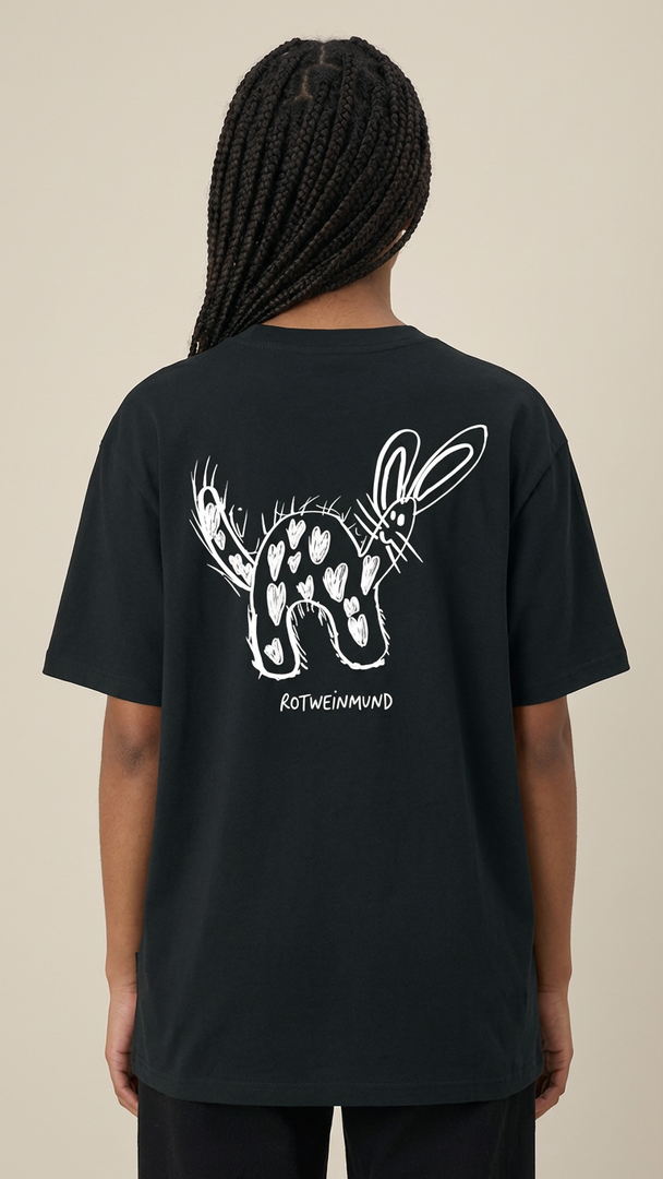 Rotweinmund T-Shirt Rückseite mit süßem Hasenmotiv Kinderzeichnung von Anton