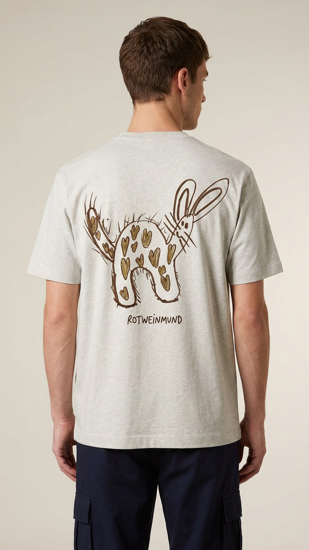 Rotweinmund T-Shirt Rückseite mit süßem Hasenmotiv Kinderzeichnung von Anton