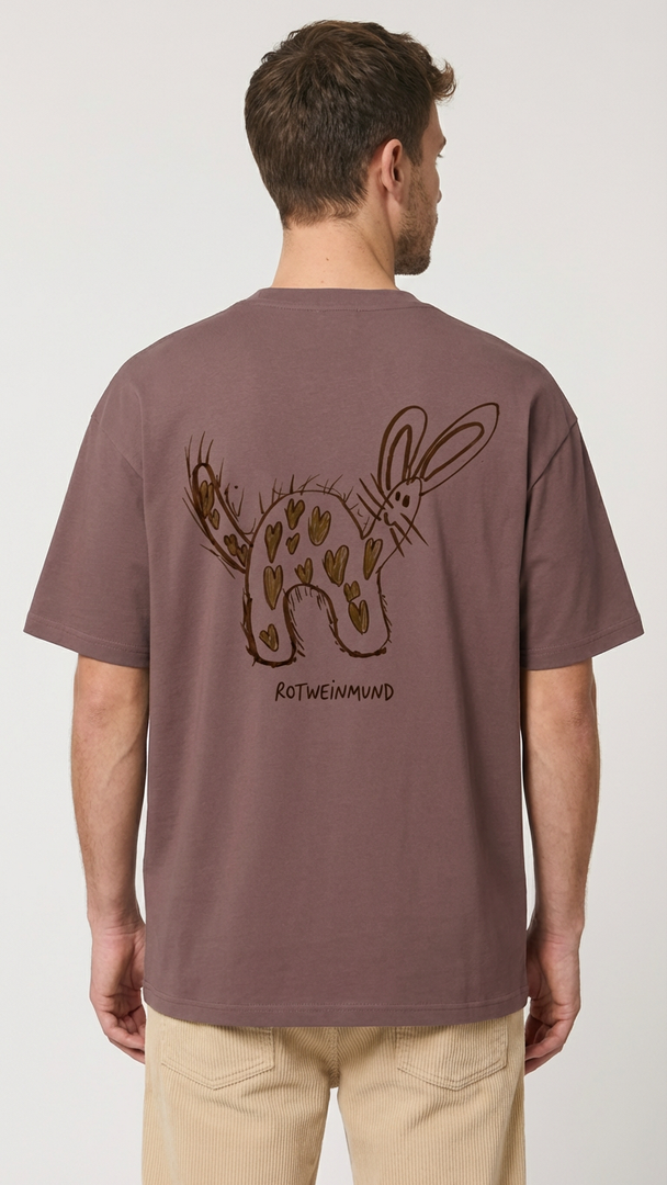 Rotweinmund T-Shirt Rückseite mit süßem Hasenmotiv Kinderzeichnung von Anton