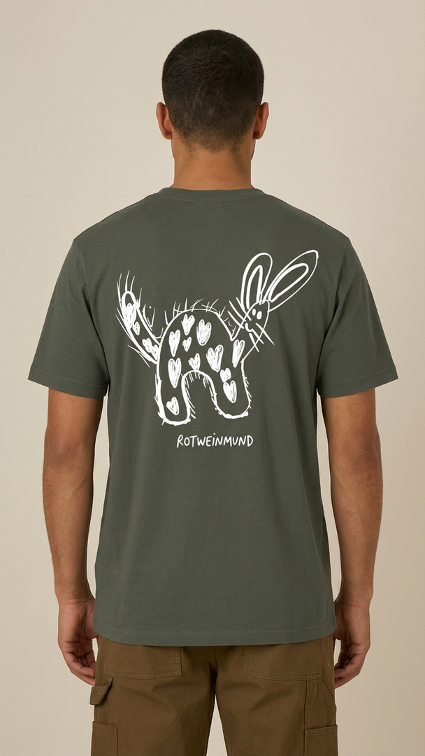 Rotweinmund T-Shirt Rückseite mit süßem Hasenmotiv Kinderzeichnung von Anton
