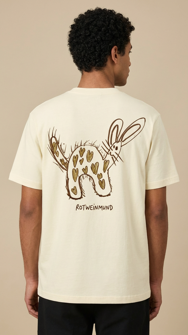 Rotweinmund T-Shirt Rückseite mit süßem Hasenmotiv Kinderzeichnung von Anton