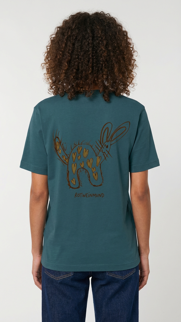 Rotweinmund T-Shirt Rückseite mit süßem Hasenmotiv Kinderzeichnung von Anton