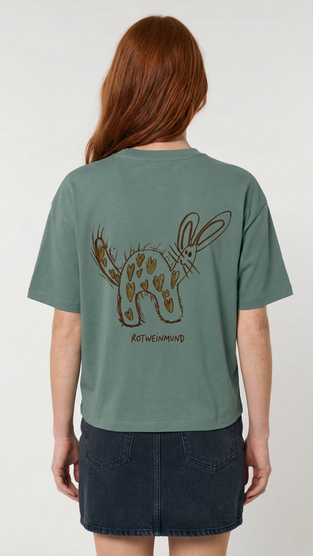Rotweinmund T-Shirt Rückseite mit süßem Hasenmotiv Kinderzeichnung von Anton