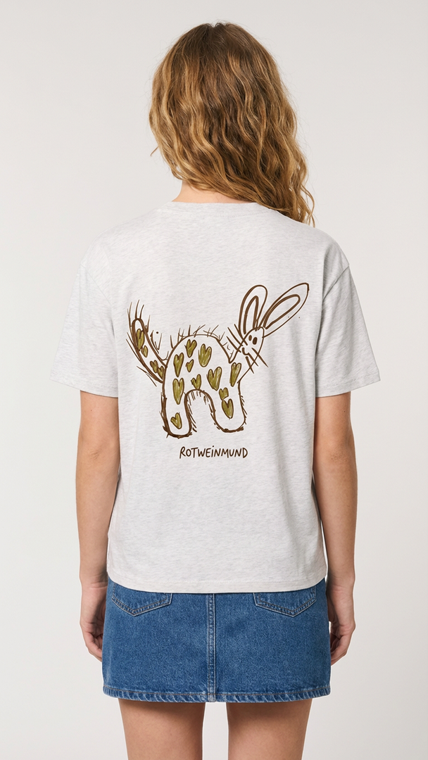 Rotweinmund T-Shirt Rückseite mit süßem Hasenmotiv Kinderzeichnung von Anton