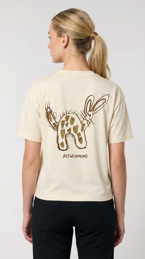 Rotweinmund T-Shirt Rückseite mit süßem Hasenmotiv Kinderzeichnung von Anton